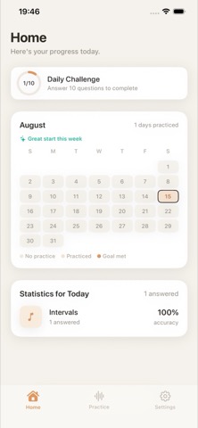 Ear Up Home screen showing today's Daily Challenge progress and a monthly practice streak calendar