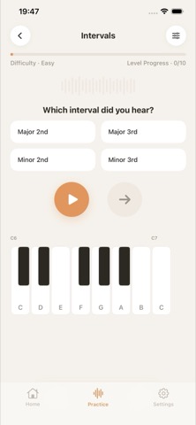 Ear Up Intervals exercise asking the user which interval they heard, with a piano keyboard shown below