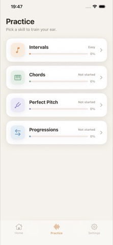 Ear Up Practice screen listing the Intervals, Chords, Perfect Pitch, and Progressions modules with level progress bars